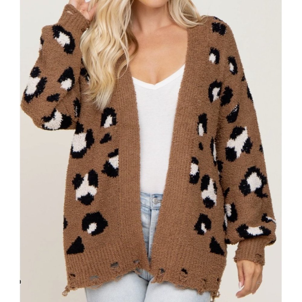 New In Mocha Leopard Print Knit Distressed Sweater Cardigan ( L )